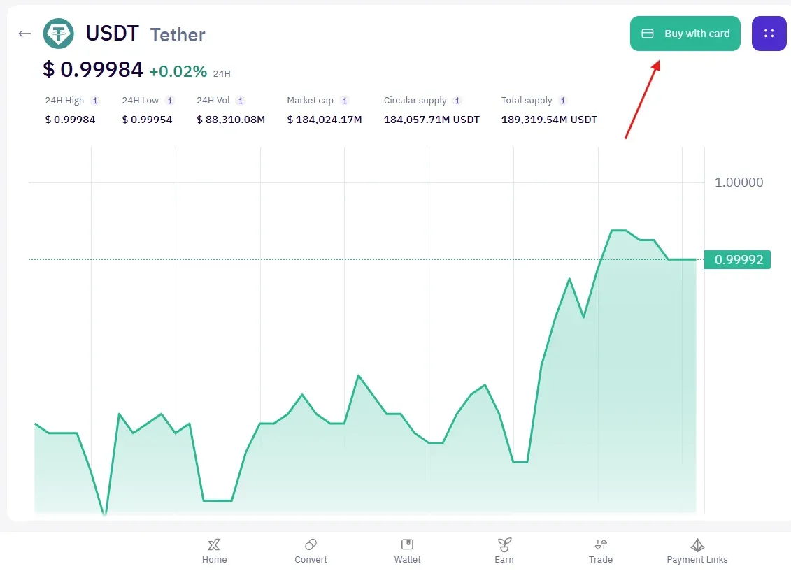 Selecting a stablecoin on the XBO Home tab and opening Buy with card
