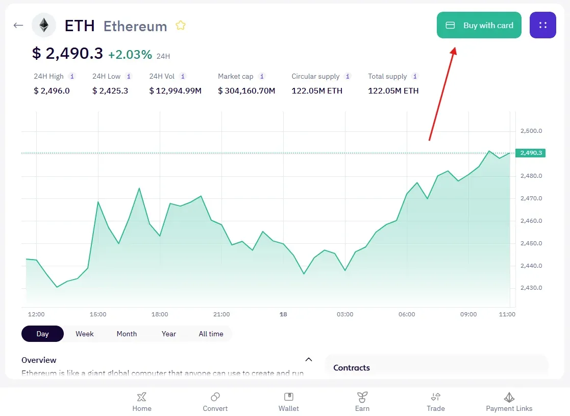 Selecting Ethereum on the XBO Home tab and opening Buy with card