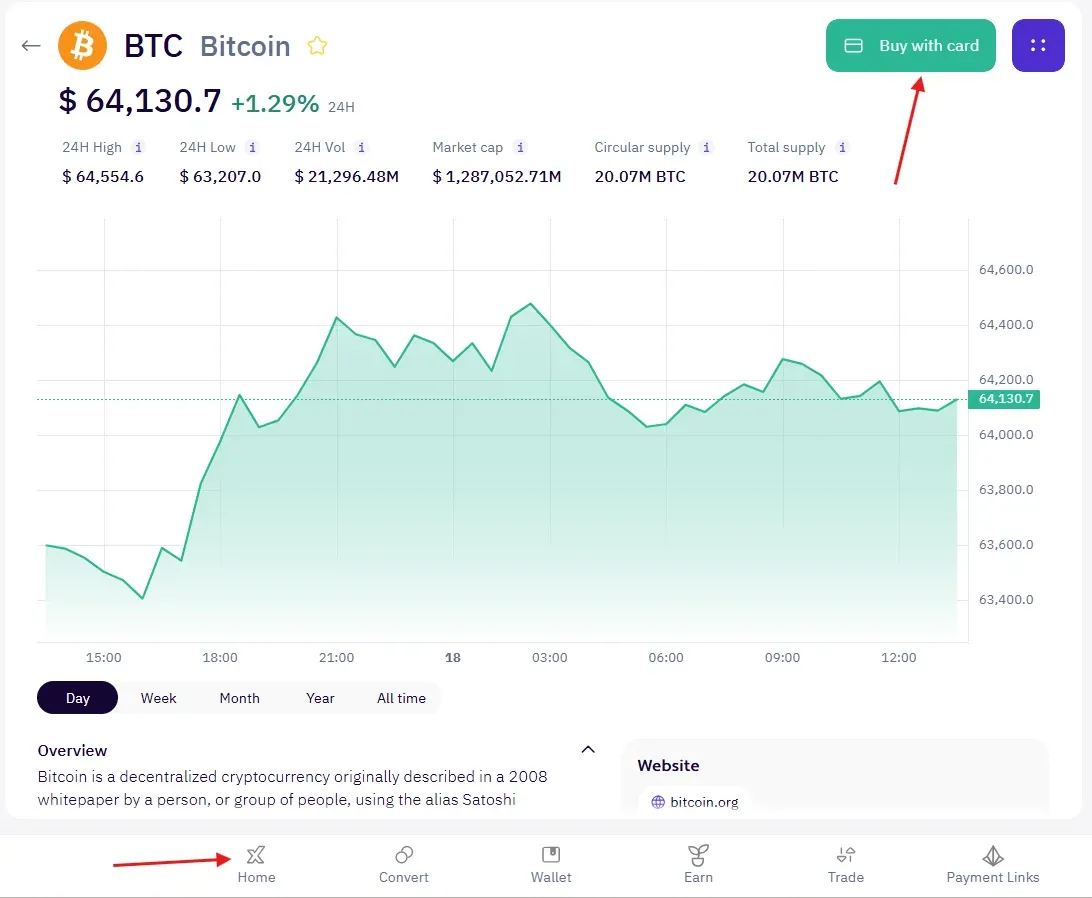 Selecting Bitcoin on the XBO Home tab and opening Buy with card