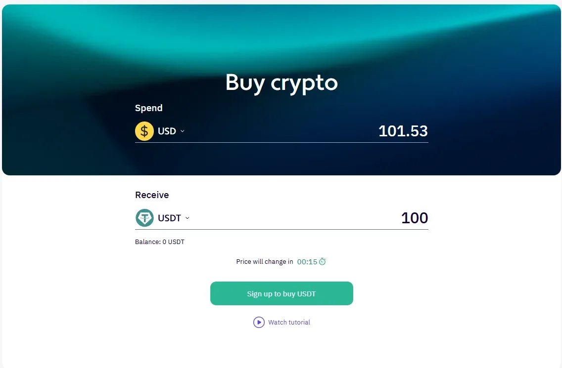 XBO Buy crypto window: entering the amount of a stablecoin to buy and paying by card