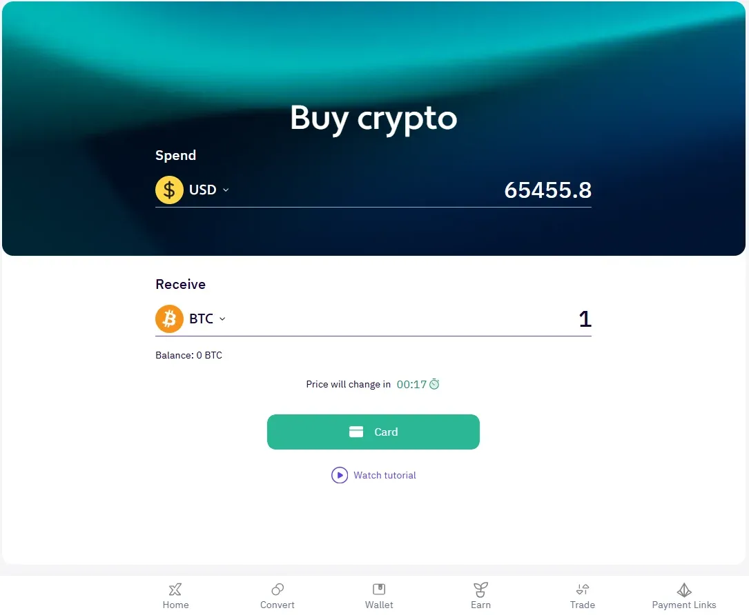 XBO Buy crypto window: entering the amount of Bitcoin to buy and paying by card