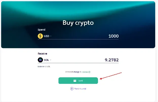 XBO Buy crypto window: spending USD to receive SOL and paying by card