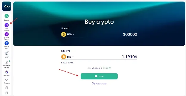 XBO Buy crypto screen with the Card payment button