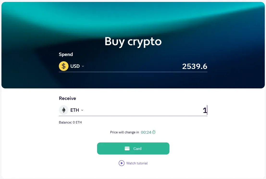 XBO Buy crypto window: entering the amount of Ethereum to buy and paying by card