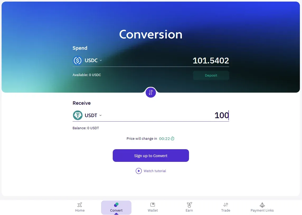 Converting crypto into a stablecoin in the XBO Convert tab
