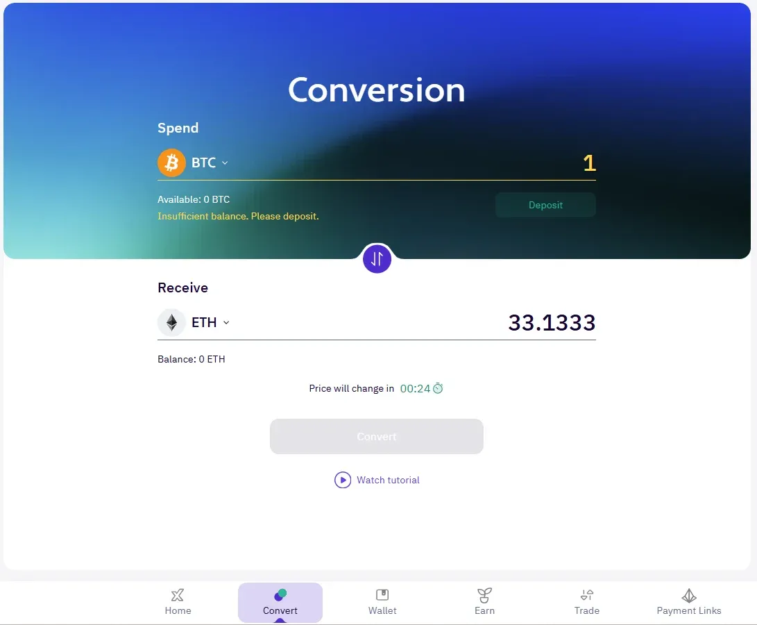 Converting crypto into Bitcoin in the XBO Convert tab
