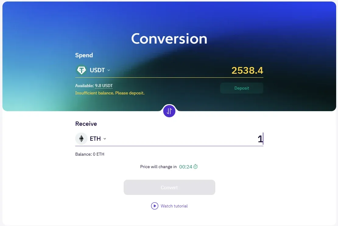 Converting crypto into Ethereum in the XBO Convert tab
