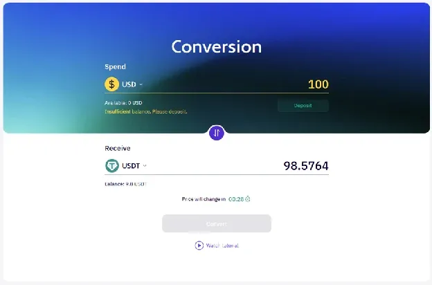 Converting USD to USDT in the XBO Convert tab
