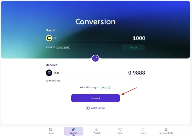 Converting crypto into SOL in the XBO Convert tab