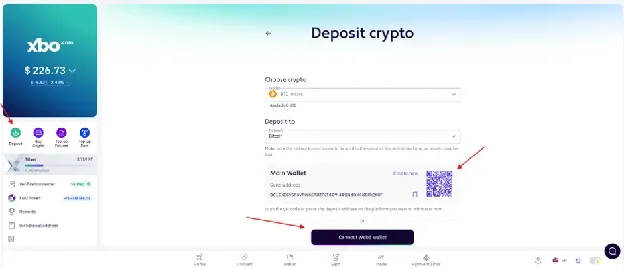 XBO Deposit crypto page with the BTC deposit address, QR code and Connect Web3 wallet button