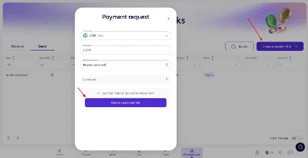 XBO Payment Links section with the Payment request window and Create a payment link button