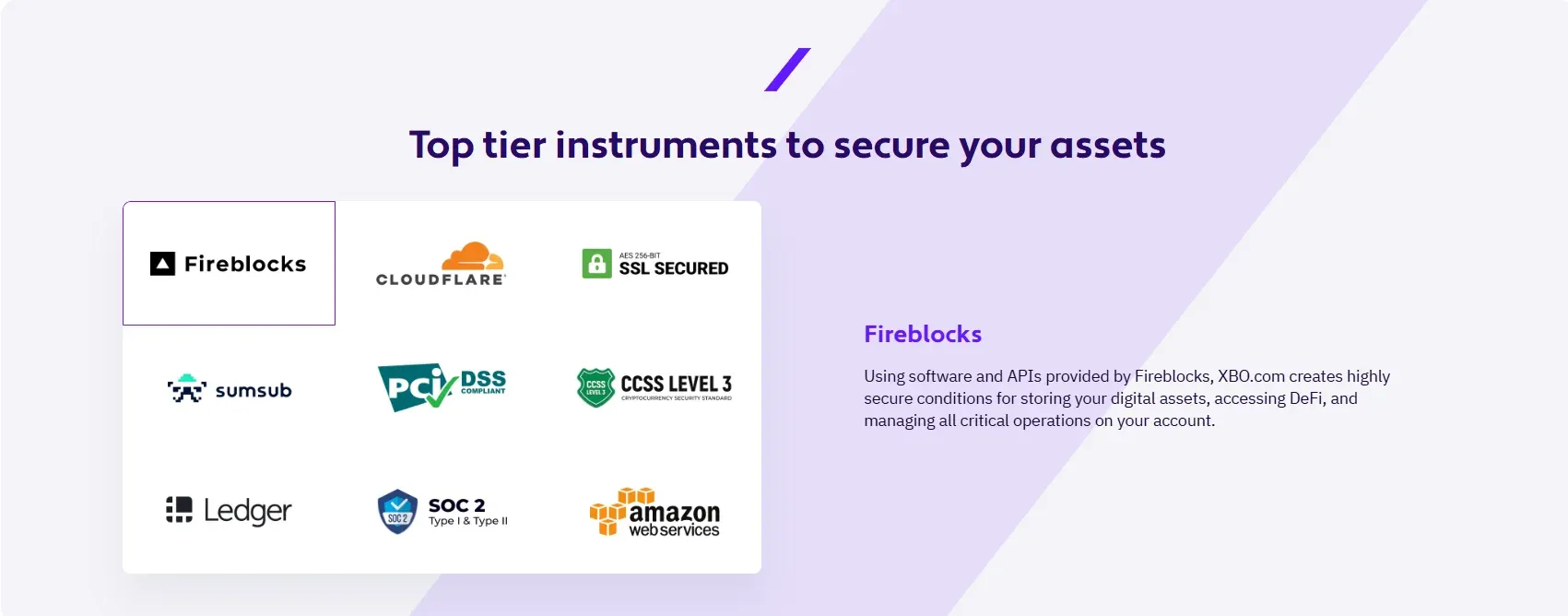 XBO security partners and standards: Fireblocks, Ledger, Sumsub, Cloudflare, CCSS Level 3, SOC 2, PCI DSS and SSL