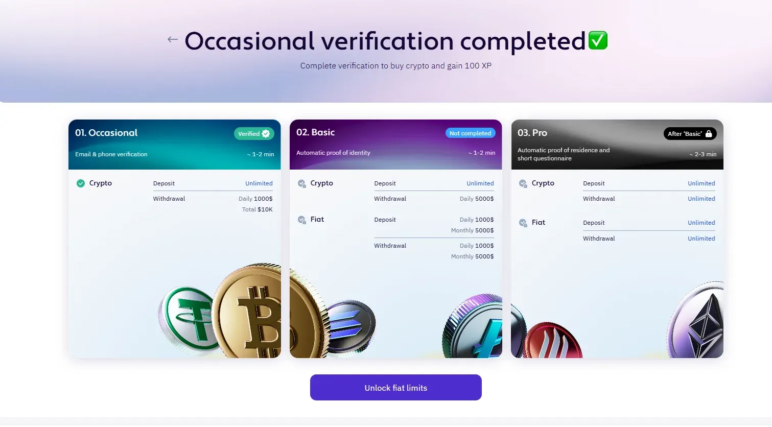 XBO verification levels: Occasional, Basic and Pro, with the limits each level unlocks