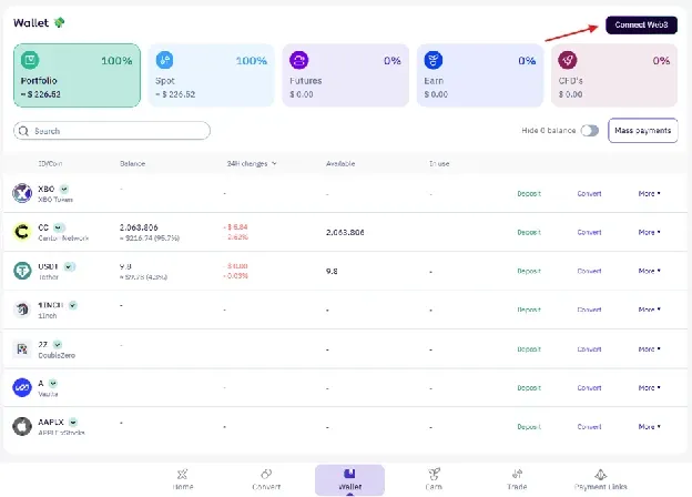 XBO Wallet page with the Connect Web3 button